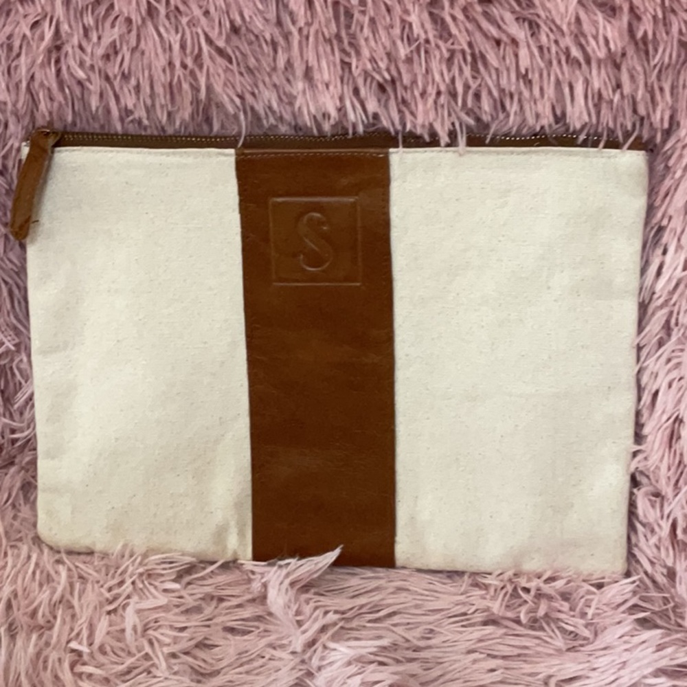 Mud Pie Initial S Canvas and Brown Leather Stripe CarryPouch
